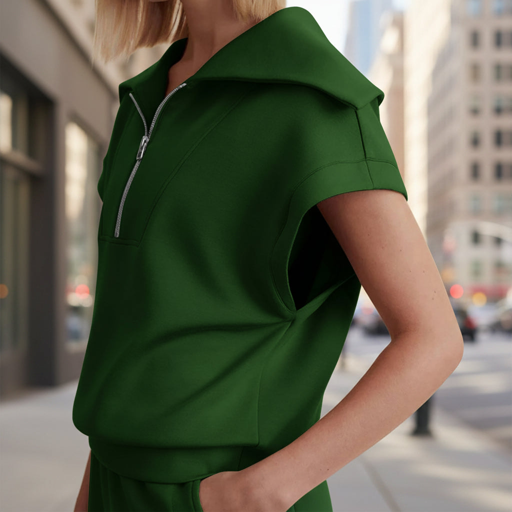 Half-Zip Lapel Sweatshirt &amp; Shorts Two-Piece Set | 6 Colors