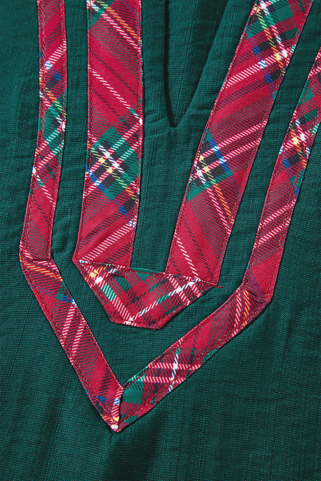 Evergreen Contrast Plaid Patchwork V Neck Half Sleeve Blouse