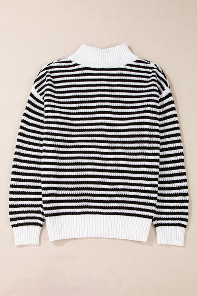 Black Stripe Zip up Collar Drop Shoulder Sweater