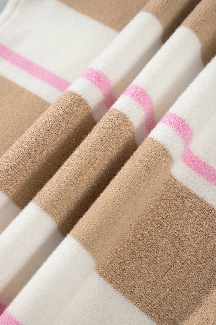 Khaki Stripe Striped Drop Shoulder Button Placket Long Sleeve Sweater