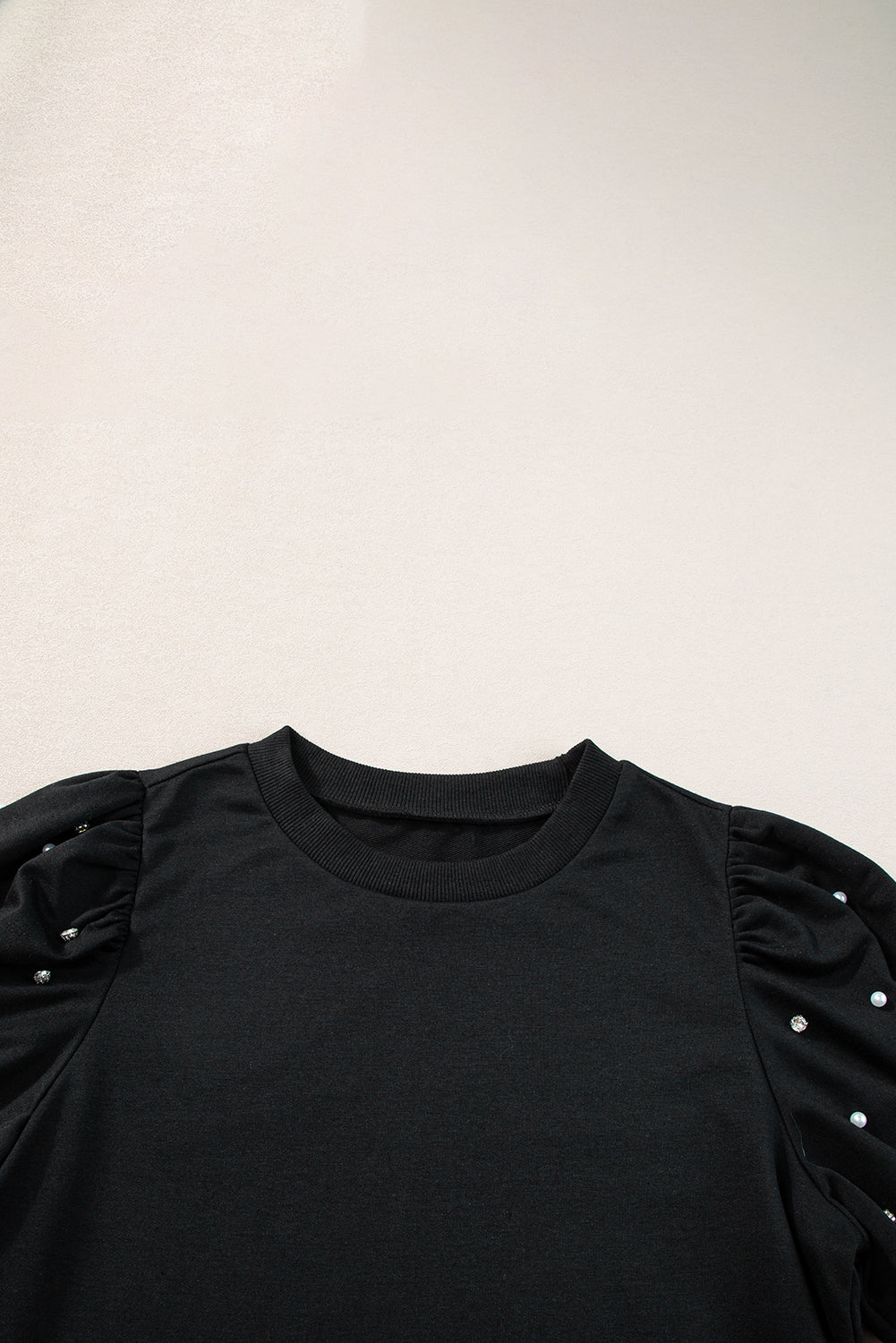 Black Rhinestone Pearl Puff Half Sleeve Top