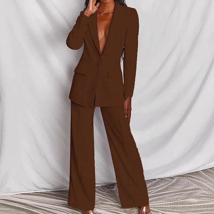 Lapel Button-Down Blazer &amp; Straight-Leg Trousers Suit