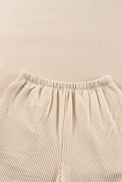 Parchment Corded Knit Long Sleeve Top and High Waist Shorts Set