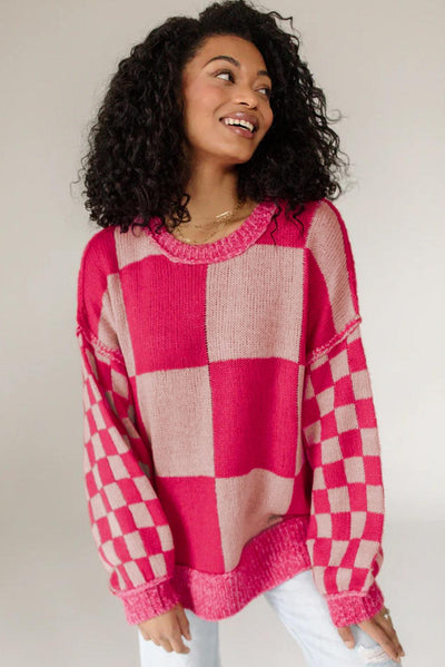 Rose Red Mixed Checkered Pattern Drop Shoulder Loose Sweater