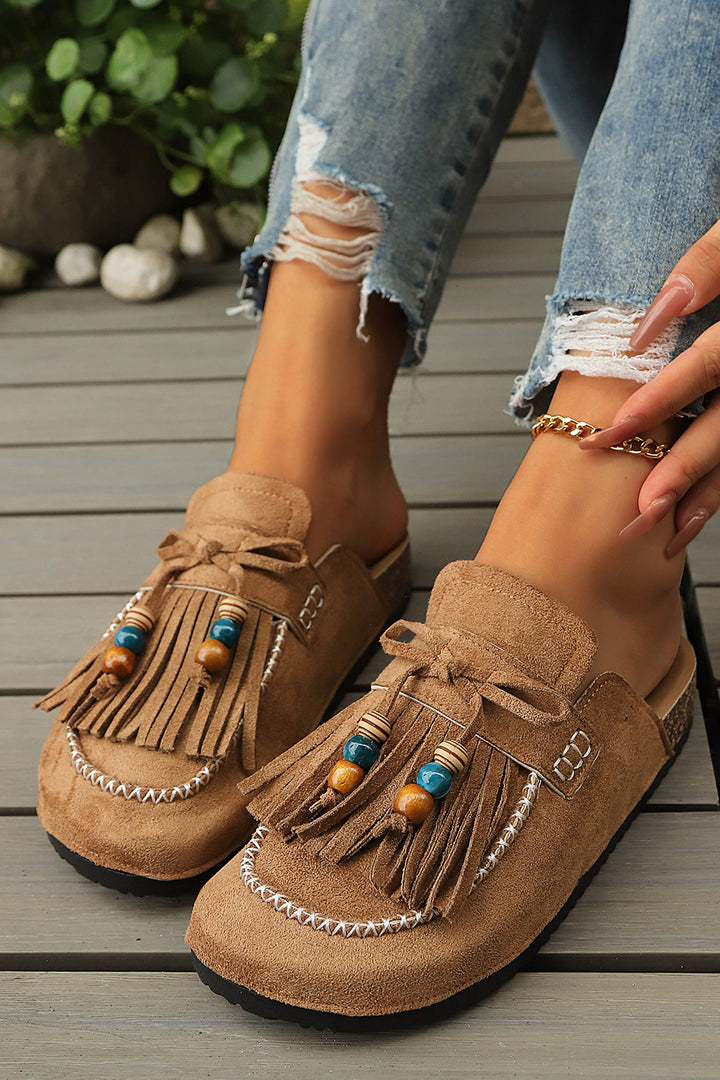 Chestnut Boho Bow Fringed Faux Suede Slip-on Loafers Square Toe Casual Slippers