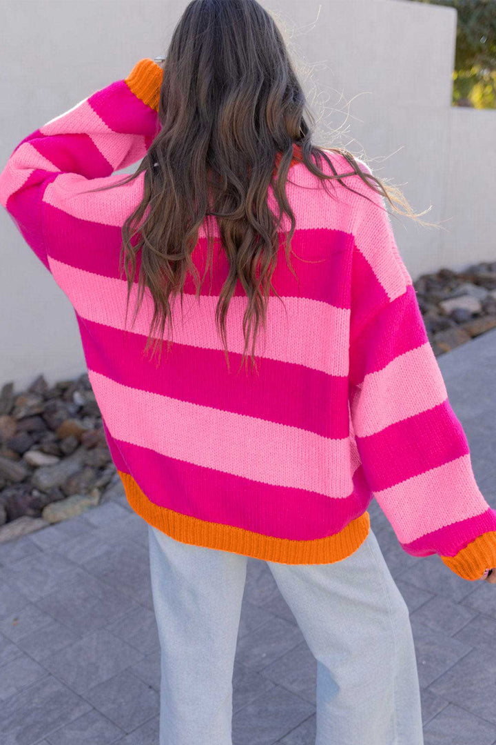 Rose Stripe Casual Colorblock Knit Drop Shoulder Relaxed Sweater