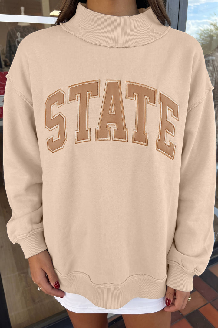 Coffee Exposed Seam Mock Neck STATE Letter Graphic Loose Sweatshirt