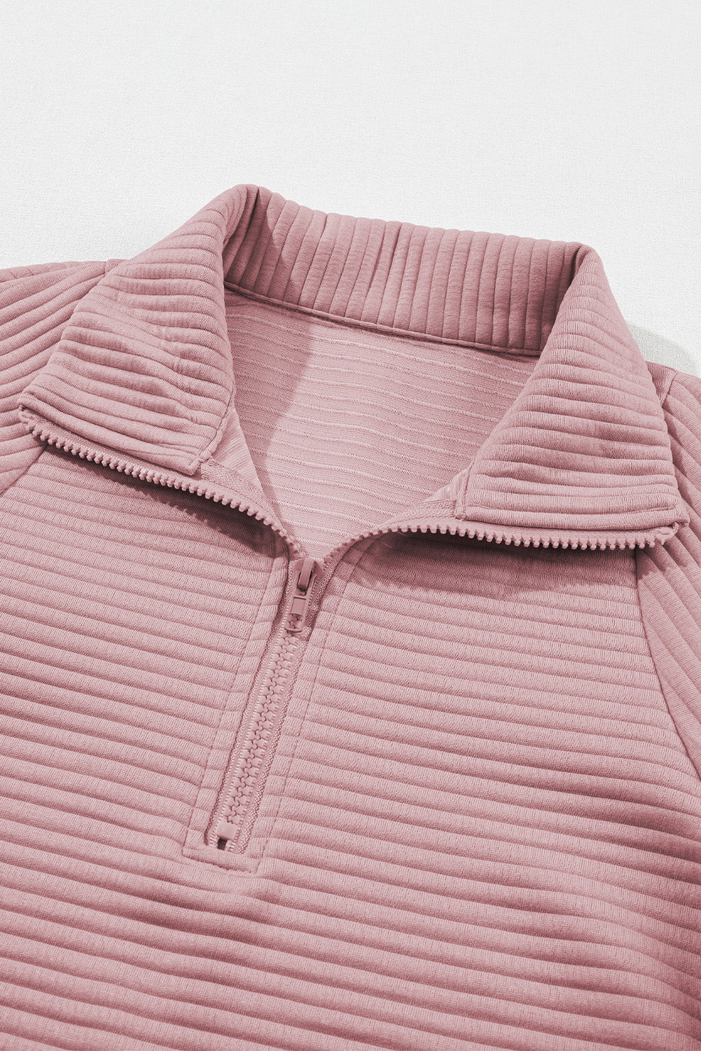 Peach Blossom Ribbed Texture Quarter Zip Sweatshirt