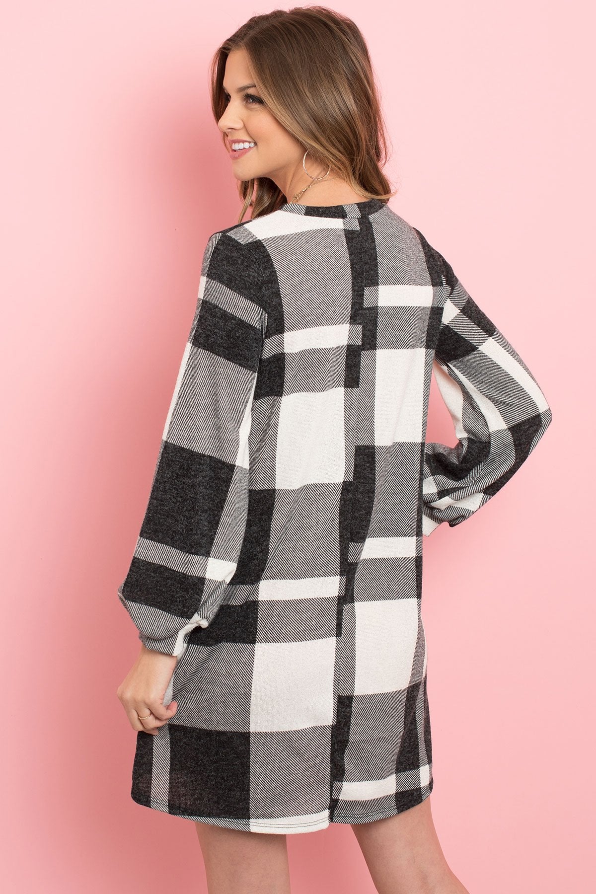 Round Neck Puff Sleeved Plaid Knee Length Dress