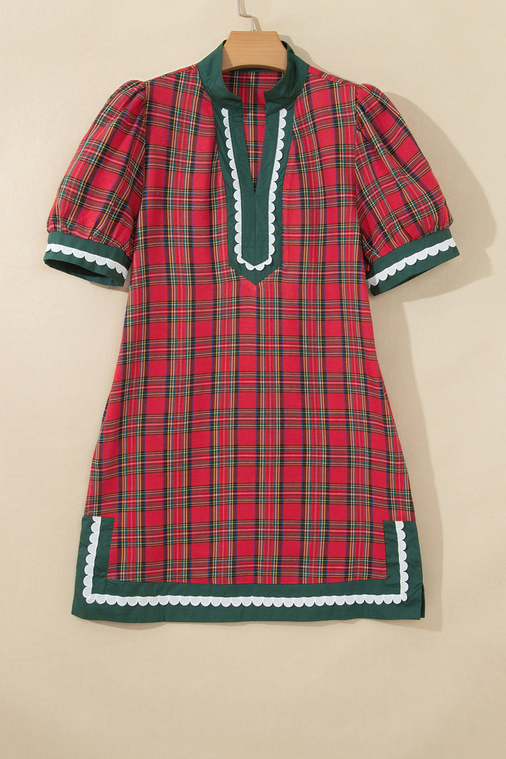 Red Plaid Mini Mini Shift Style Short Sleeve Dress