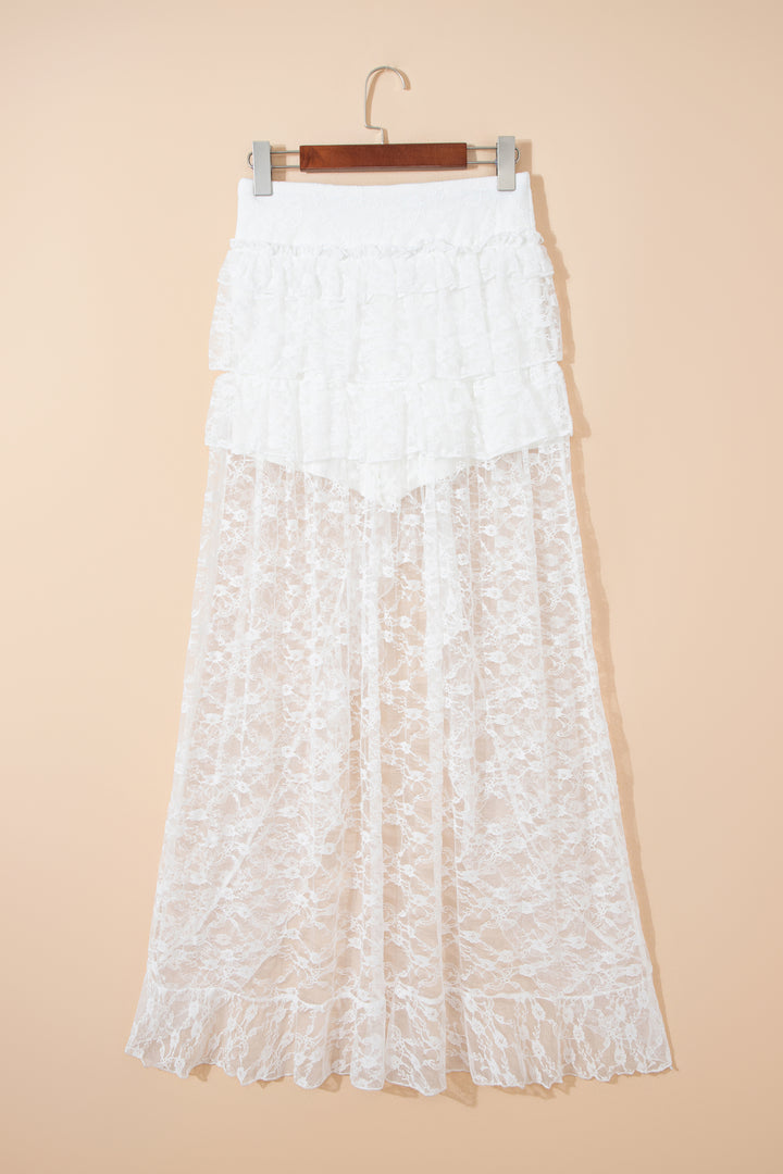 White Sheer Lace Frilly Ruffles High Low Long Skirt