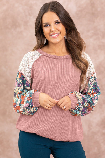 Rose Pink Floral Patchwork Puff Sleeve Textured Blouse