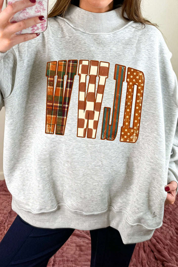 Light Grey WWJD Graphic Mock Neck Oversized Sweatshirt