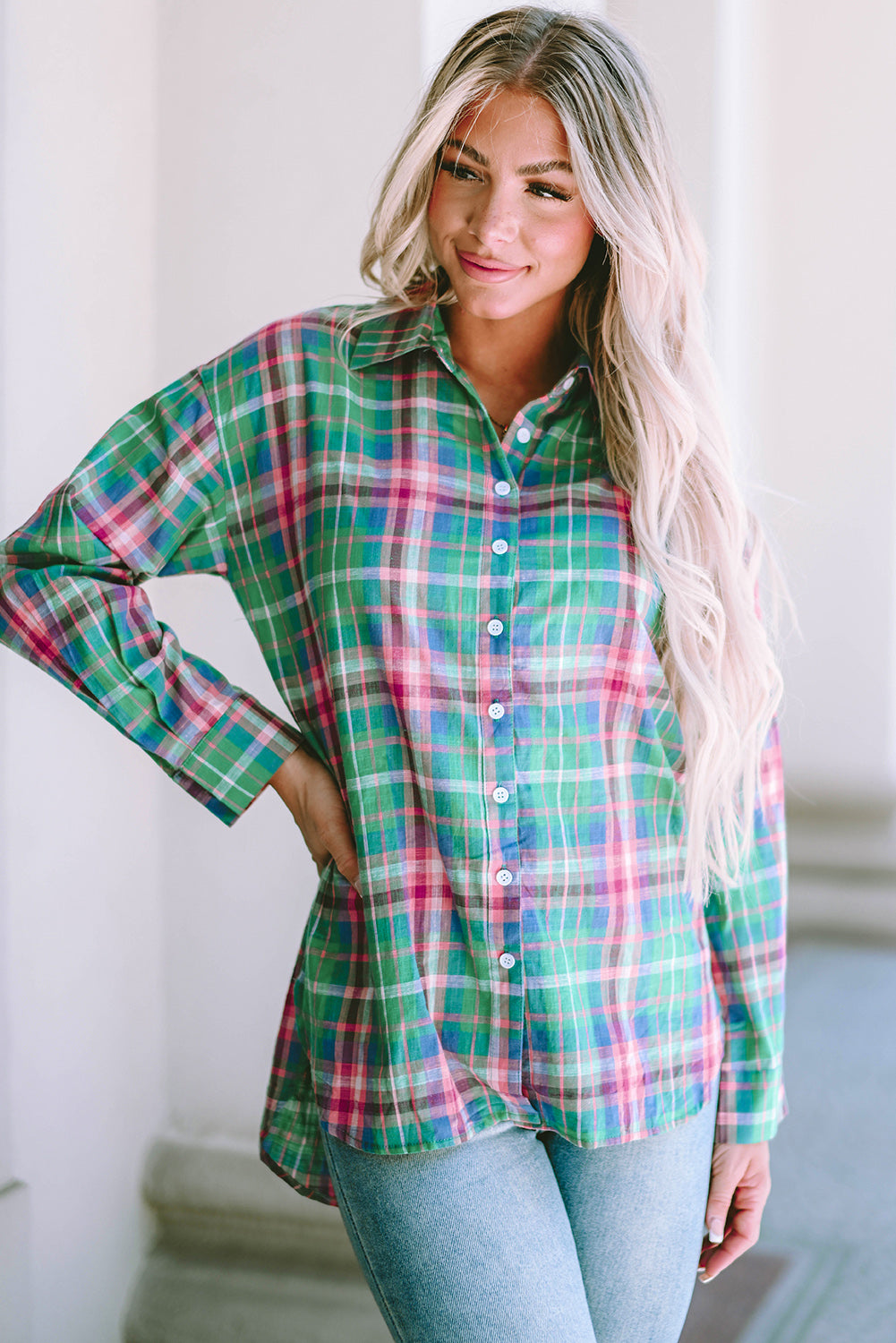 Green Plaid Long Sleeve Button Down Split Shirt