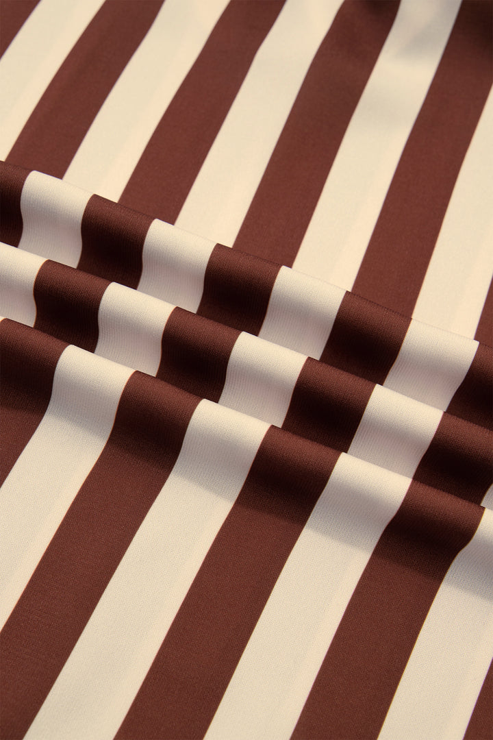 Brown Stripe V Neck Half Sleeve Casual Blouse