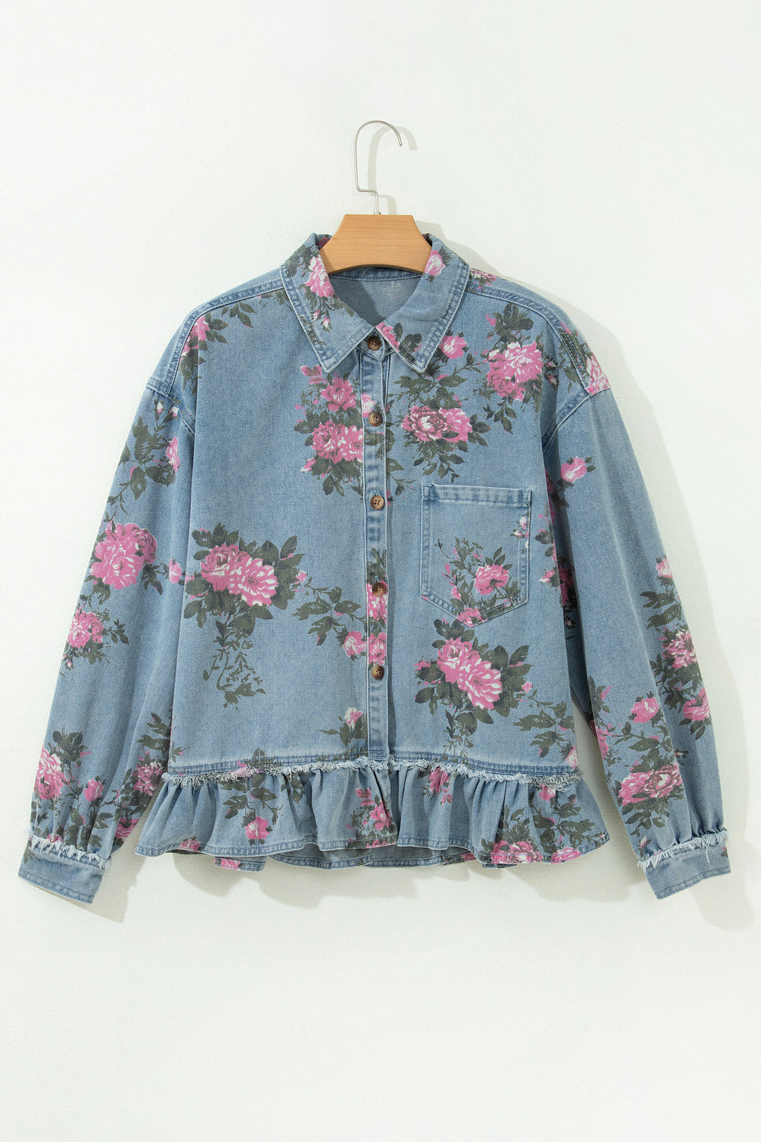 Sky Blue Floral Print Raw Seam Ruffle Hem Denim Jacket