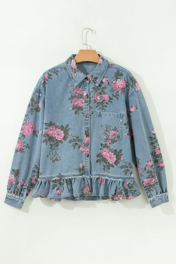 Sky Blue Floral Print Raw Seam Ruffle Hem Denim Jacket