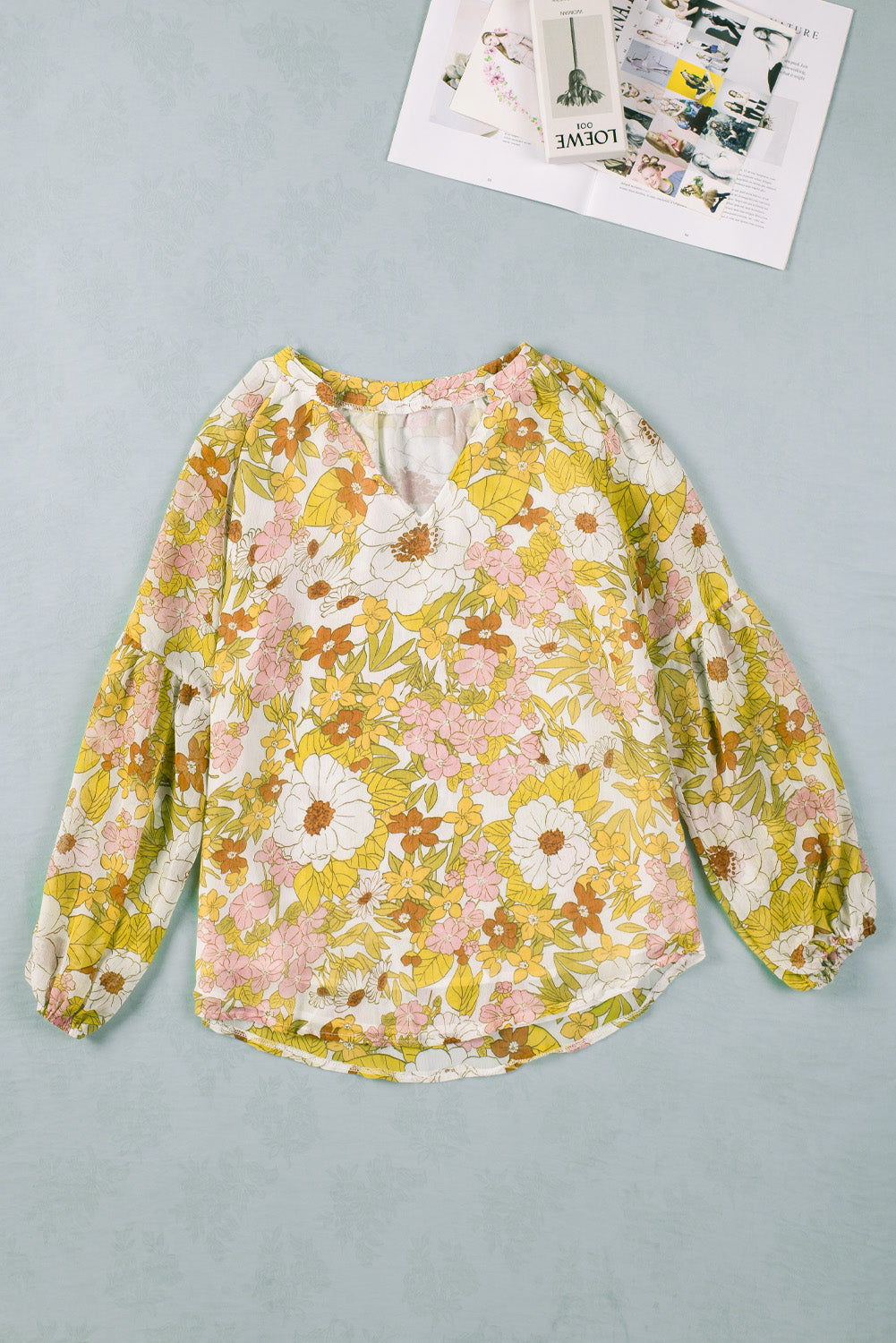 Yellow Floral Print V Neck Long Puff Sleeve Top