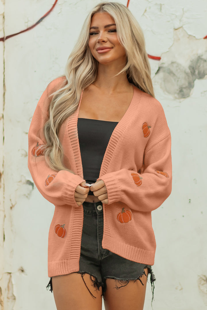 Light Pink Christmas Tree Print Open Front Drop Shoulder Midi Cardigan