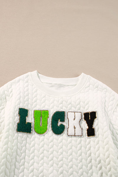 White LUCKY Chenille Embroidered Cable Knit Pullover Sweatshirt