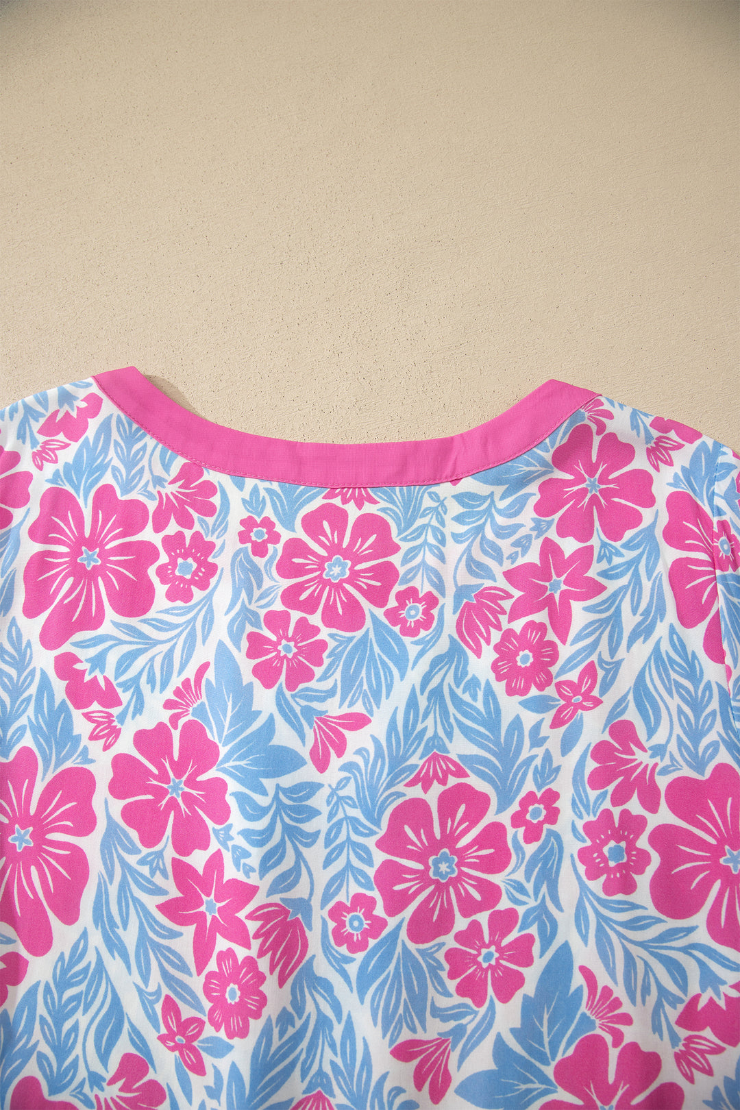Sky Blue Floral Print Ruffled Color Block Trim Half Sleeve Blouse