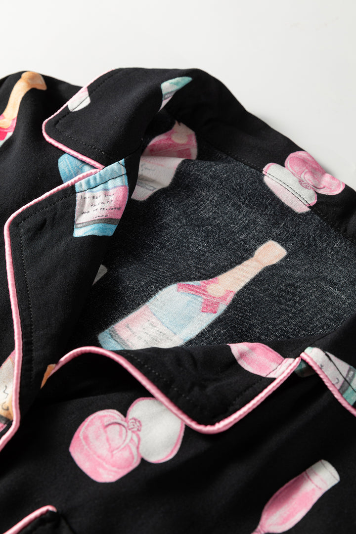 White Christmas Wine Glass Print Bow Knot Two Piece Pajama Set