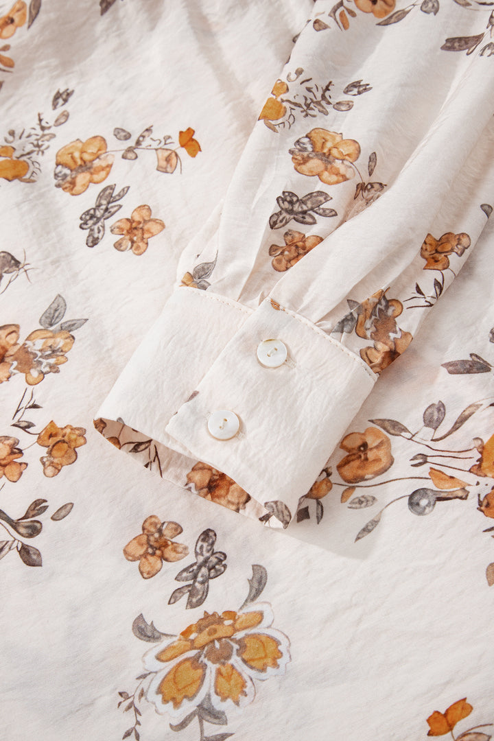 Apricot Floral Printed Silky Button Up Long Sleeve Shirt