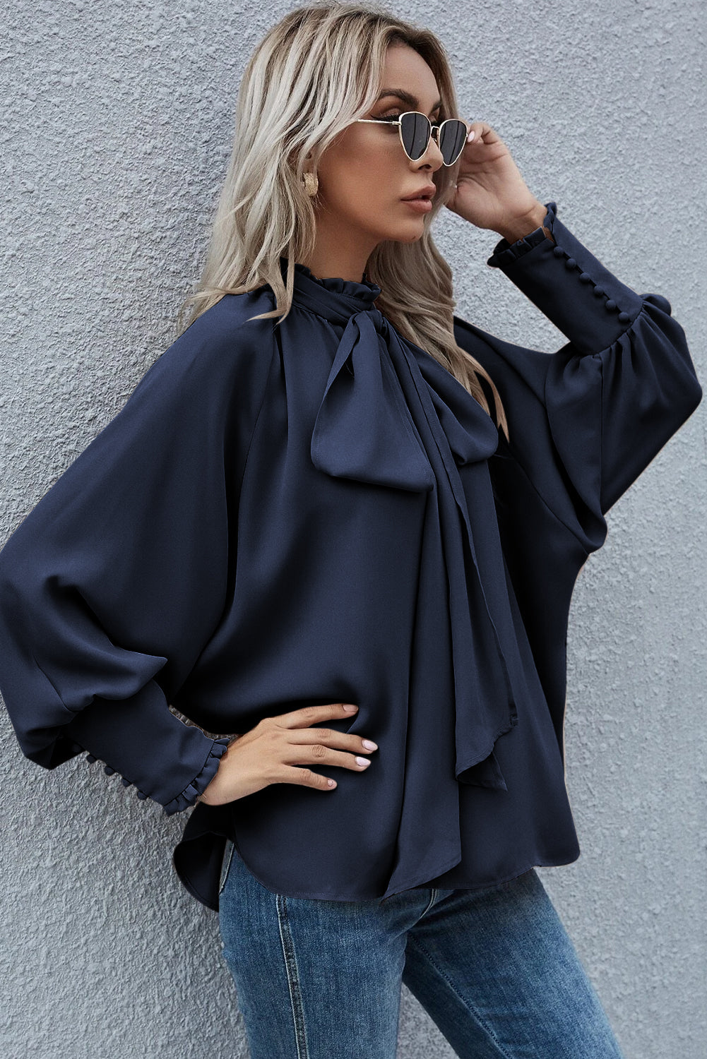 Navy Blue Frilled Knotted Mock Neck Bishop Sleeve Blouse