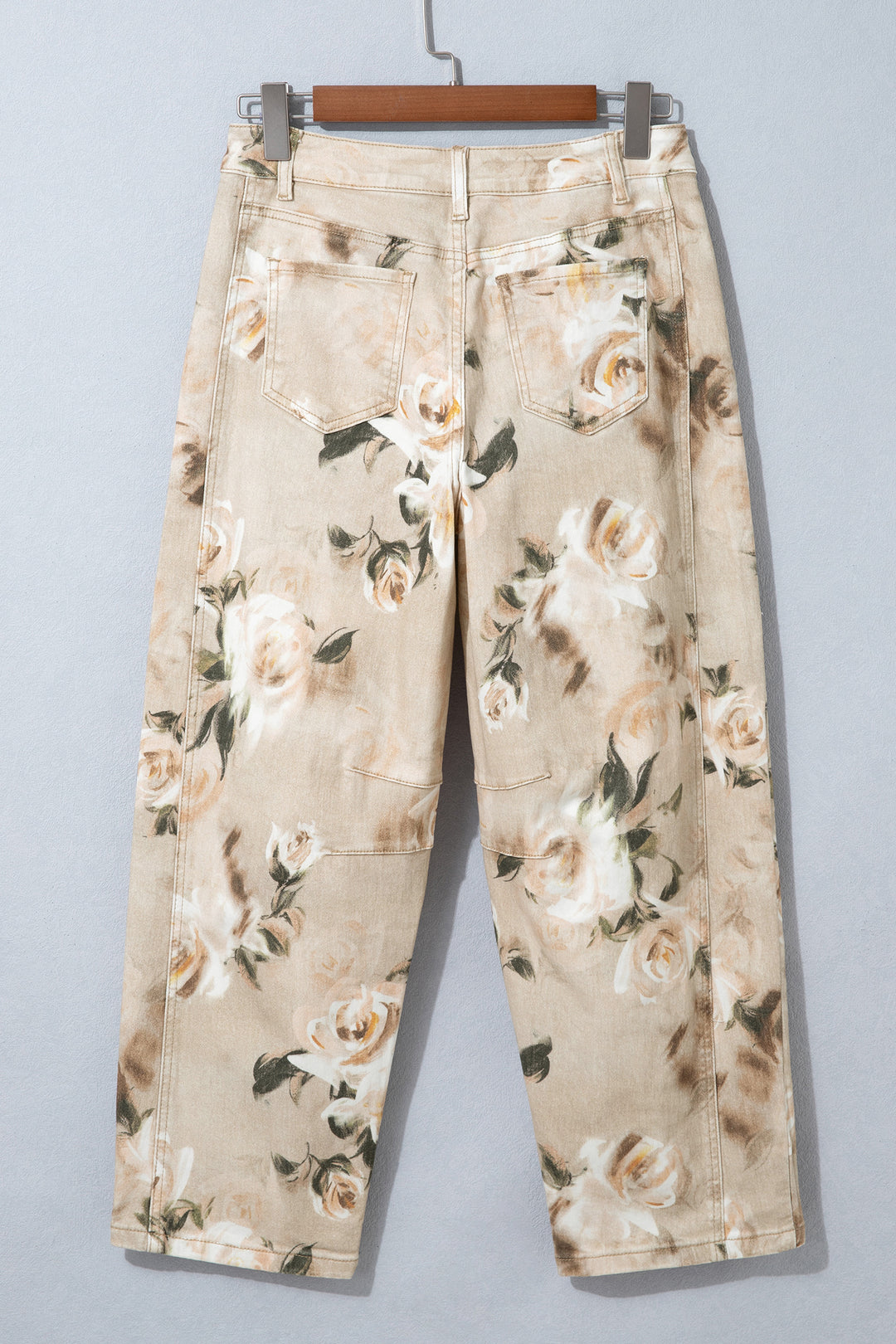 Khaki Retro Floral Print Relaxed Barrel Jeans