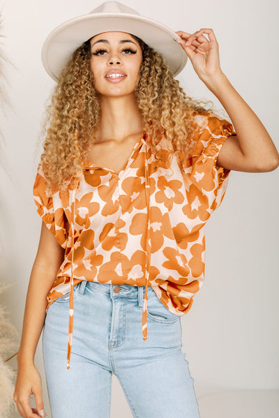 Orange Satin Floral Puff Sleeve Tied Split Neck Top