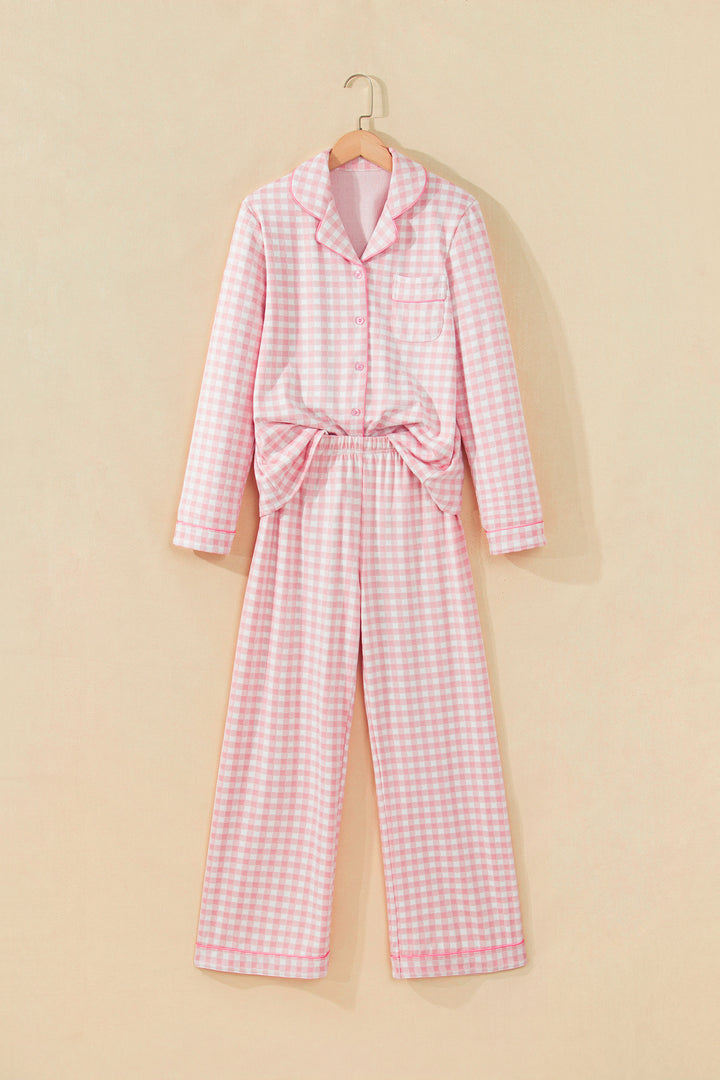 Pink Gingham Long Sleeve Lapel Shirt 2pcs Pajama Pant Set