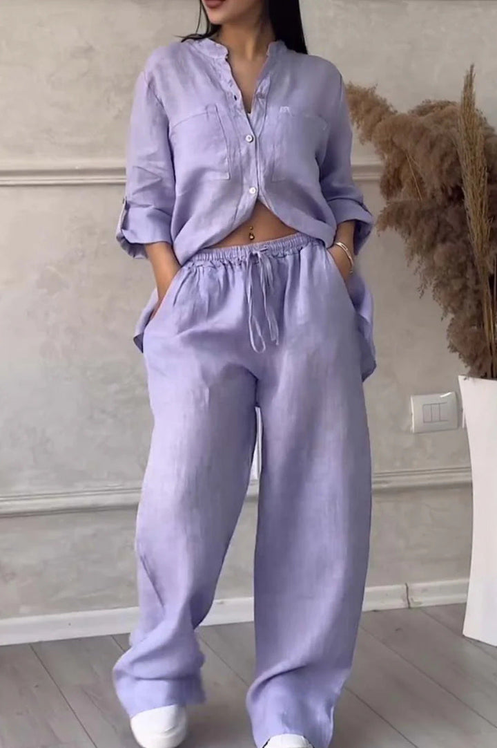 Wide-Leg Pants &amp; Lace-Up Top Two-Piece Set – Solid Color, 12 Colors S–5XL