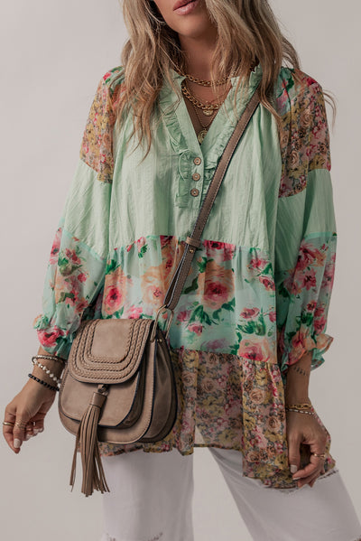 Green Printed Floral Patchwork Frilled Split Neck Blouse