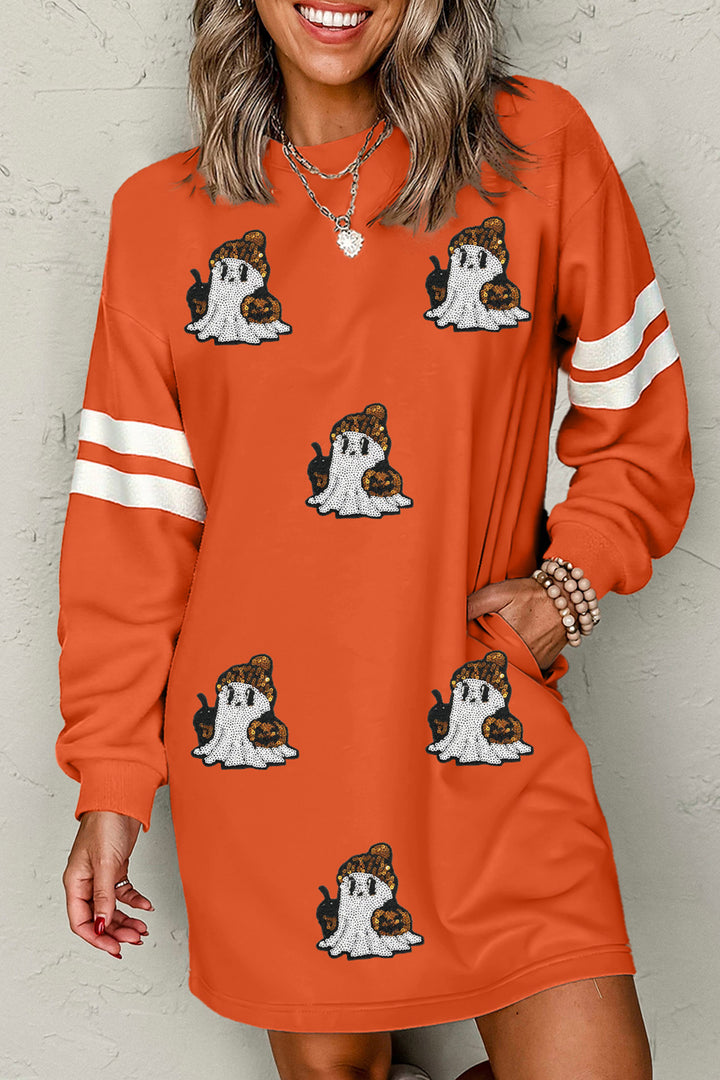 Orange Sequin Ghost Pattern Varsity Sleeve Sweatshirt Mini Dress with Pockets