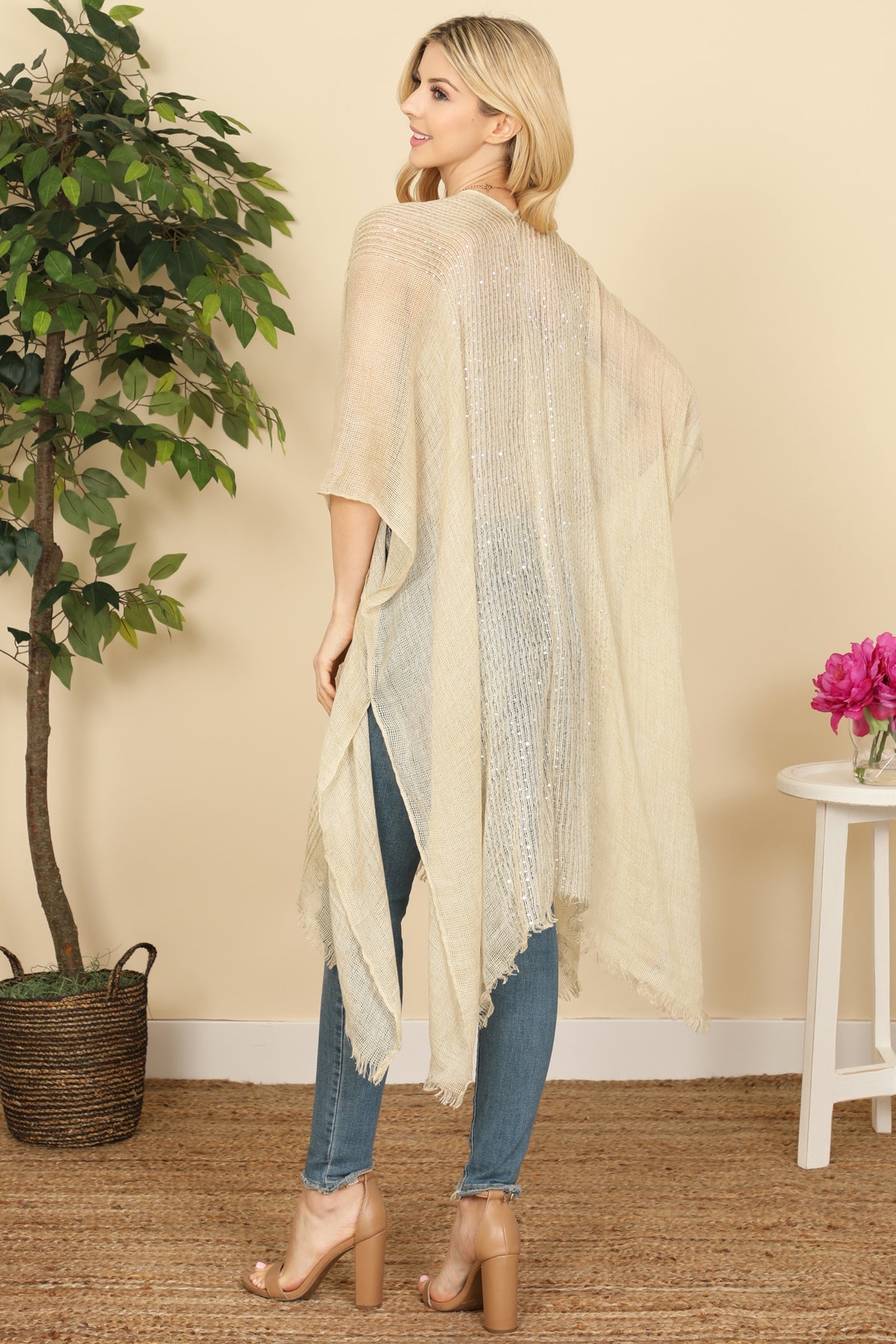 Hdf2498 - Glittered Fringed Open Cardigan