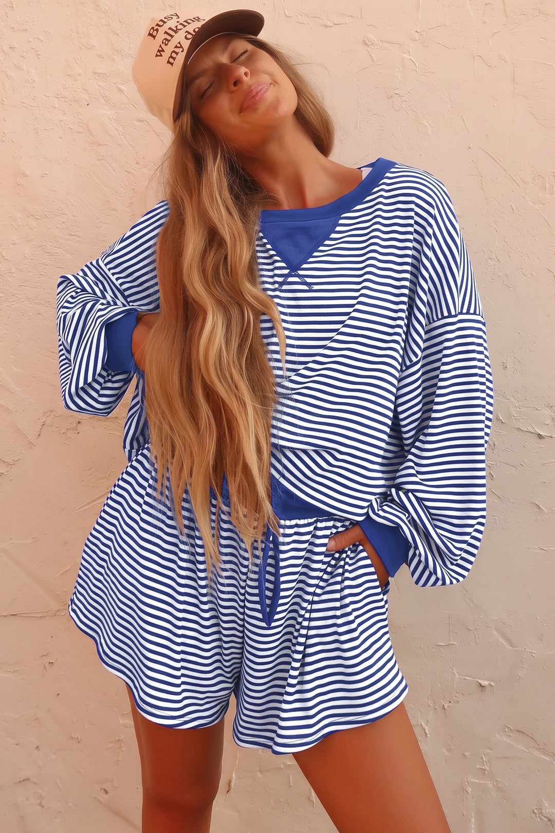 Brown Stripe Oversized Long Sleeve Top Drawstring Loose Shorts 2pcs Set