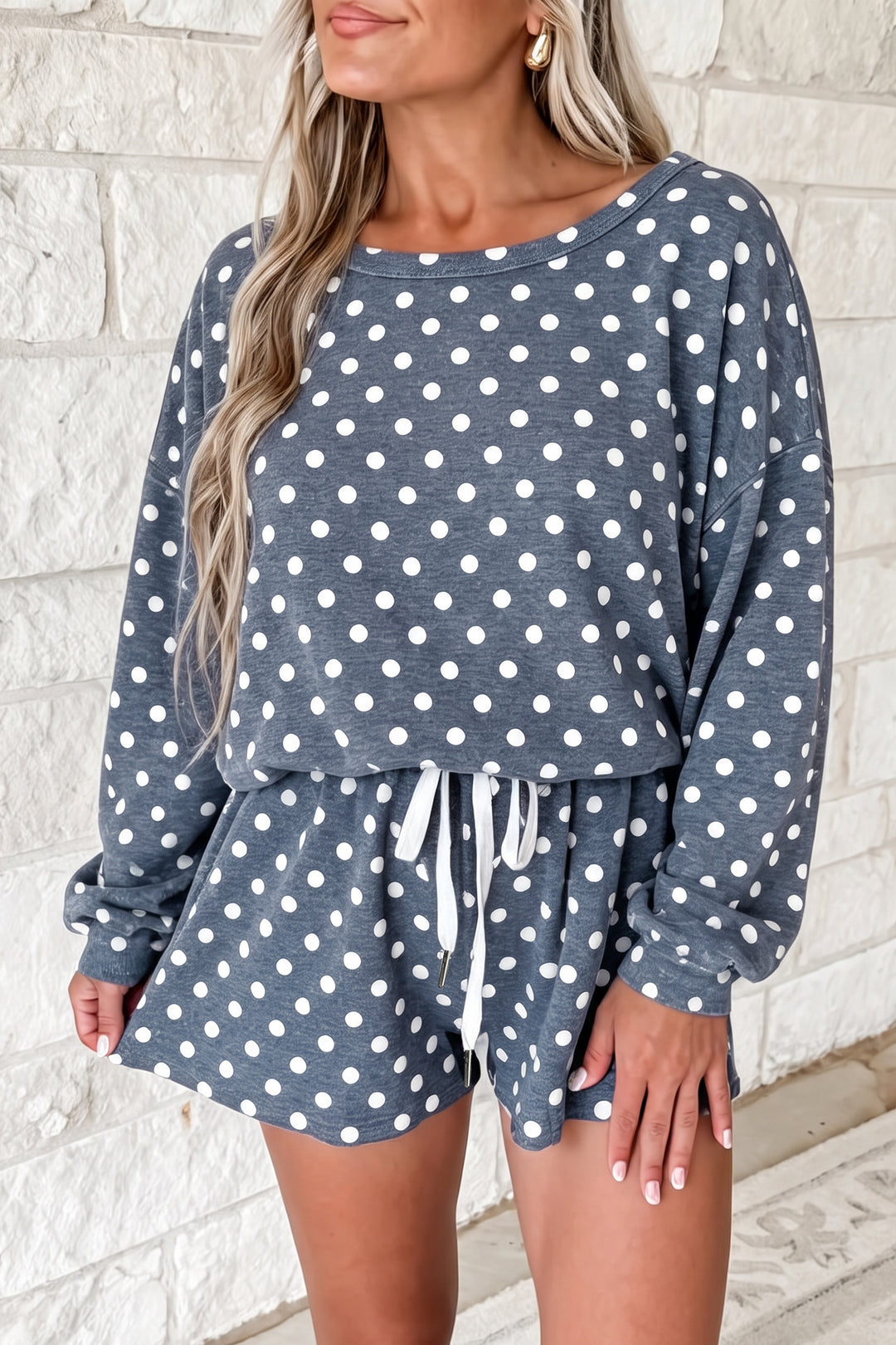 Pink Polka Dot Long Sleeve Top Drawstring Shorts Loose 2pcs Set