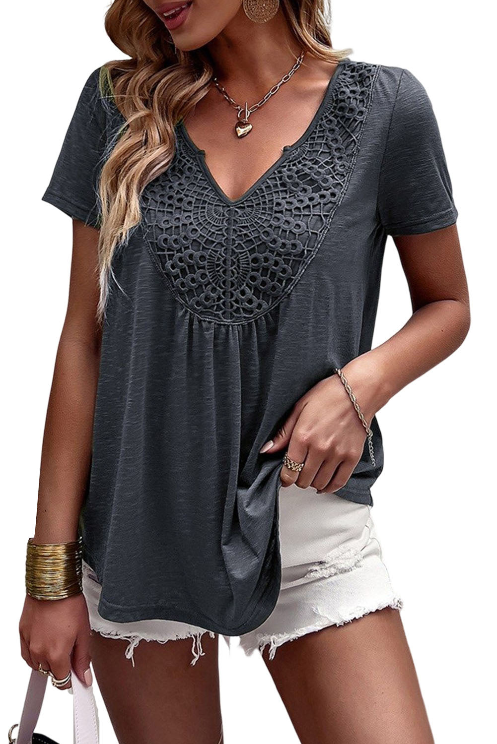 Gray Lace Crochet Patchwork V Neck T Shirt