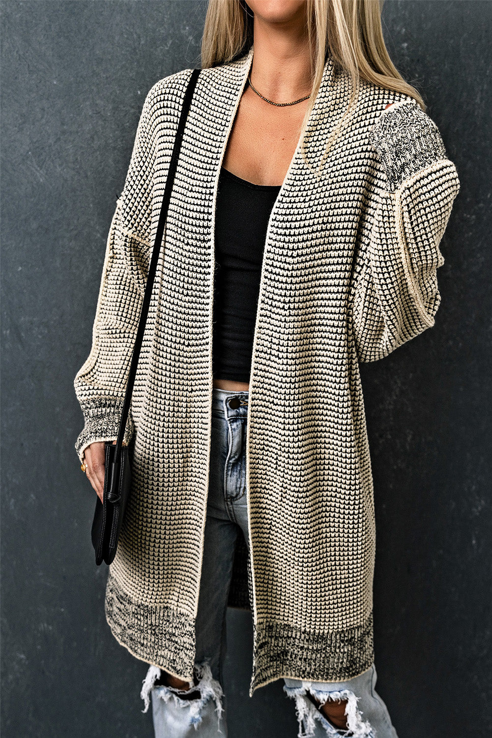 Apricot Plaid Knitted Long Open Front Cardigan