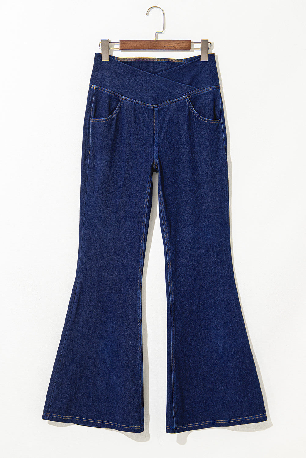 Dusk Blue Solid Crossed Waist High Elastic Fit Flare Jeans