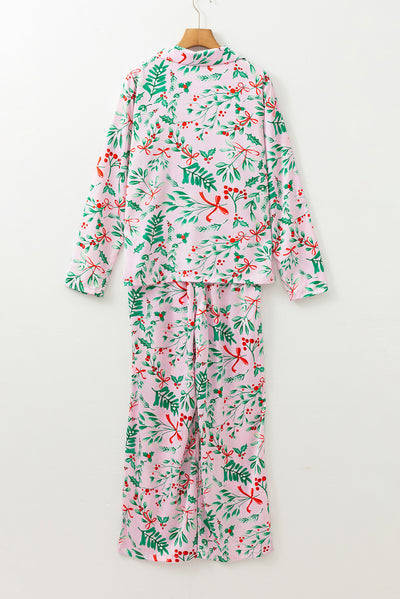 Pink Christmas Berries Plant Print Satin Long Sleeve Pajama Set