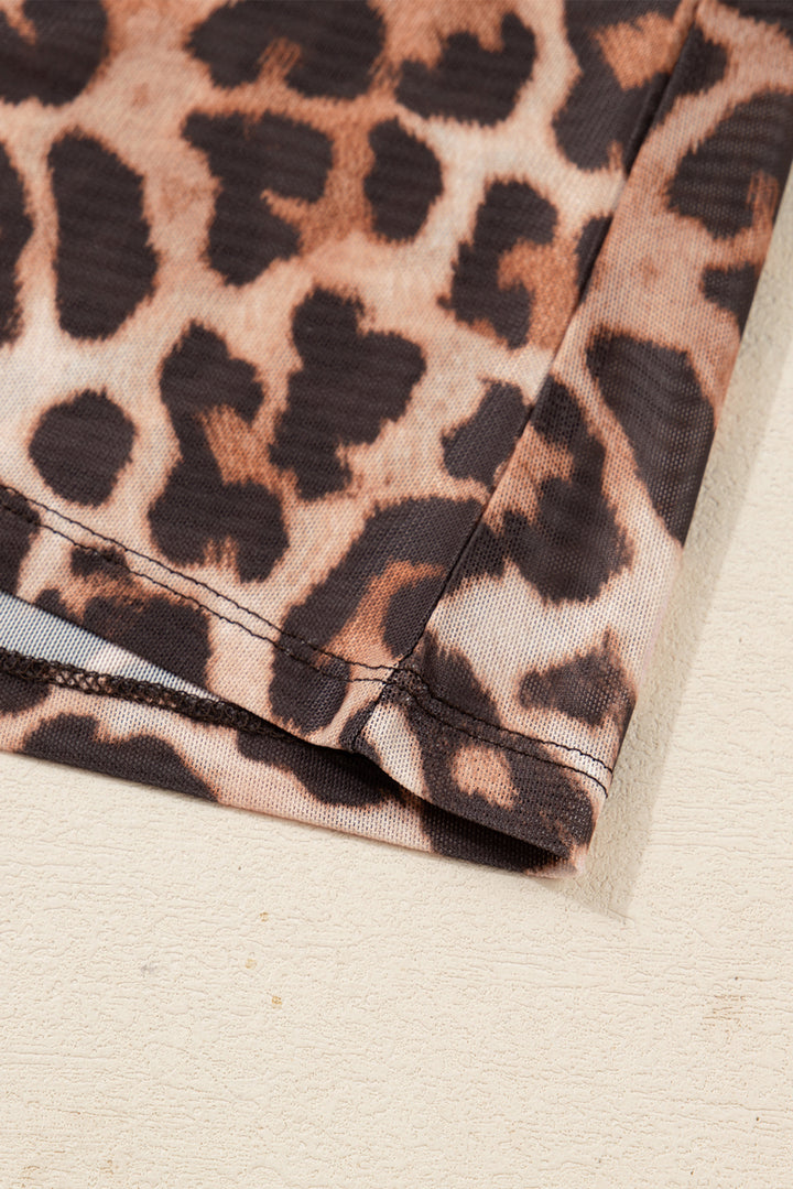 Brown Leopard Mock Neck Long Sleeve Mesh Top
