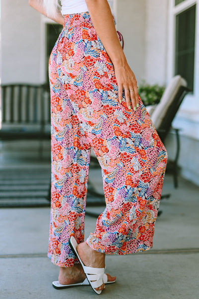 Fiery Red Gorgeous Print Drawstring Smocked High Waist Pants