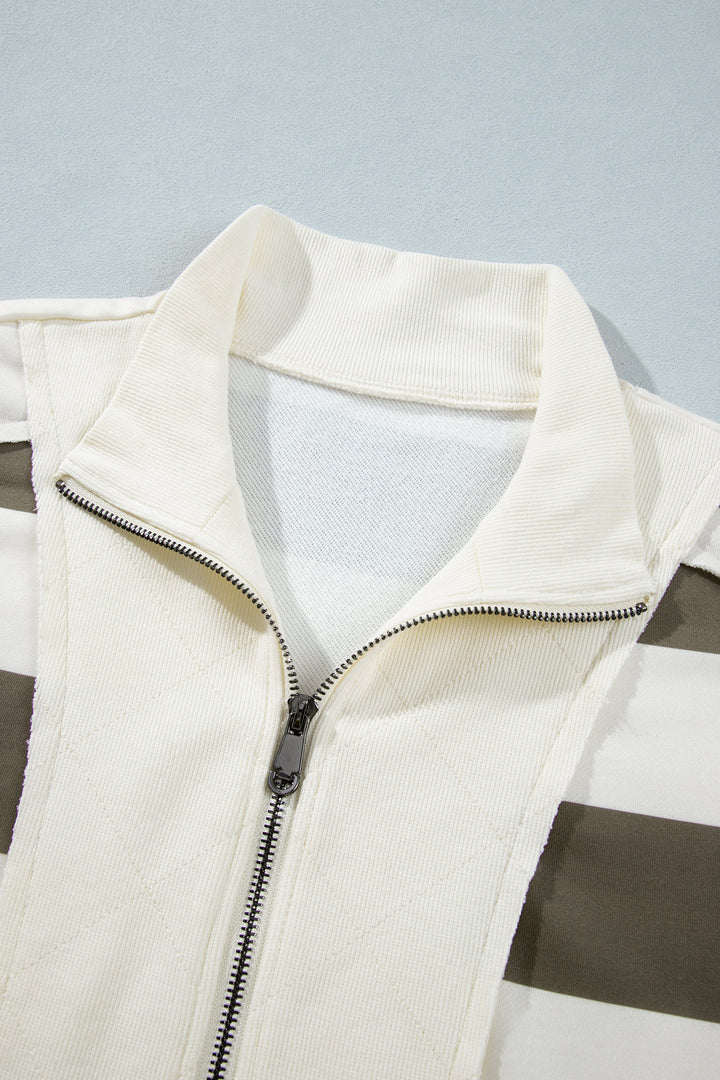 Green Stripe Plus Size Half Zipped Casual Sweatshirt