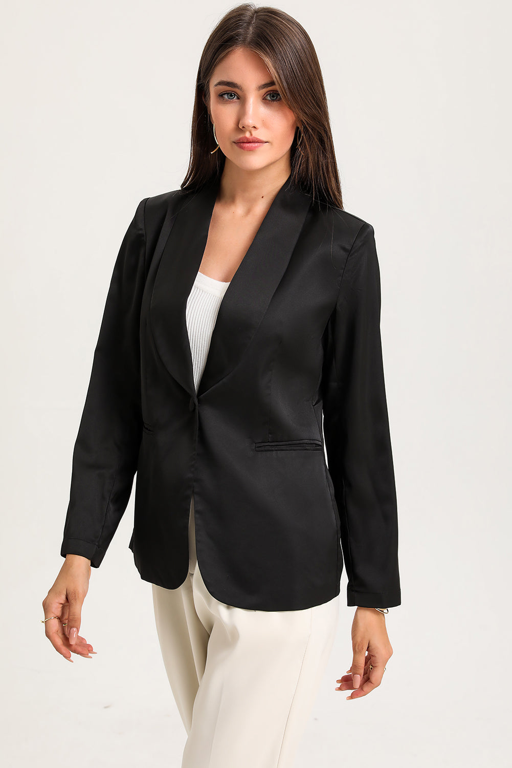 Black Collared Neck Single Breasted Blazer with Pockets