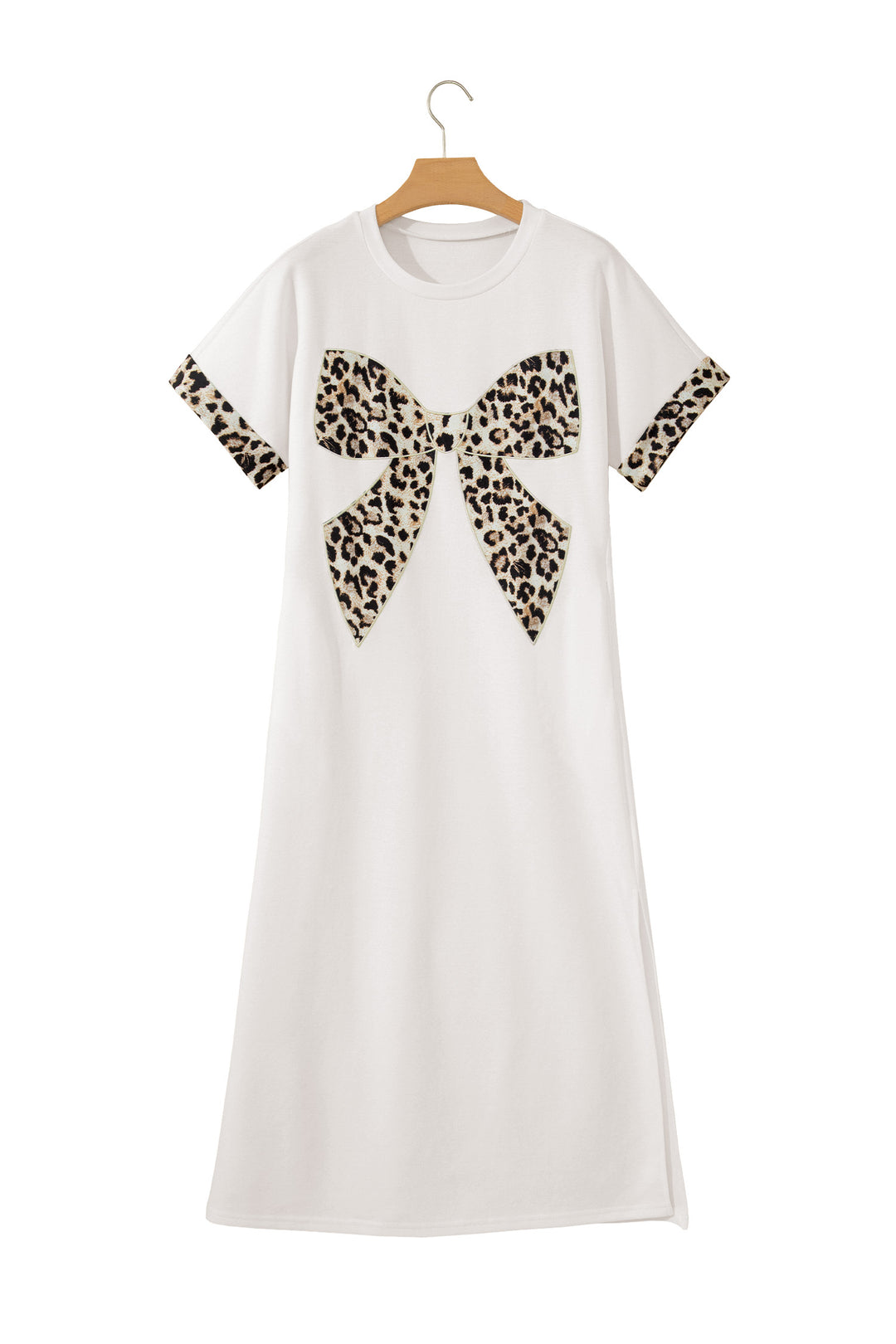 Dark Grey Contrast Leopard Bow Patched Short Sleeve T Shirt Long Dress