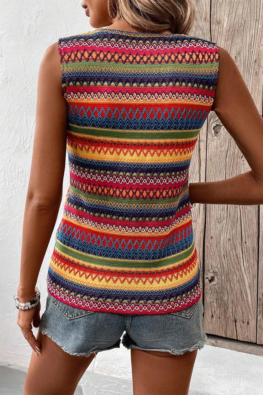 Yellow ethnic wavy pattern sleeveless top back view