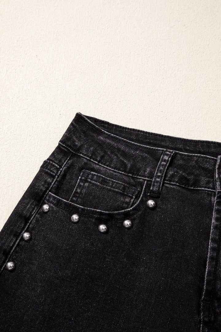 Black Studded Detail Straight Leg Casual Loose Jeans