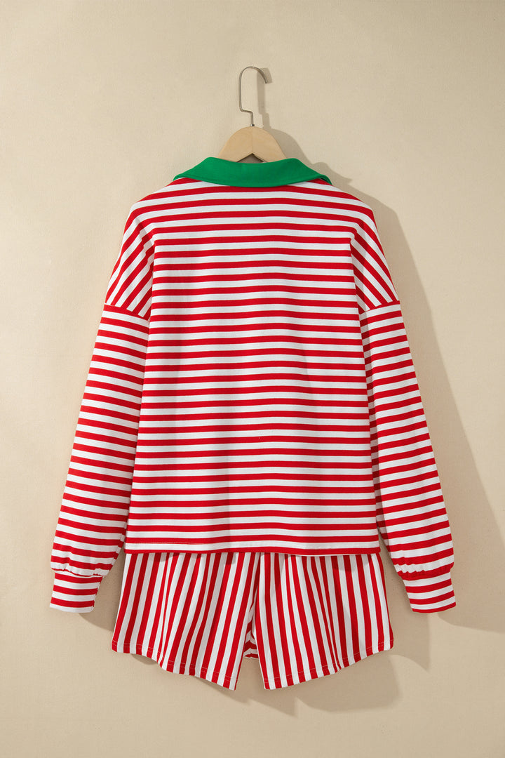Red Stripe Colorblock Trim Polo Collar Drawstring Elastic Waist Band Casual 2pcs Outfit
