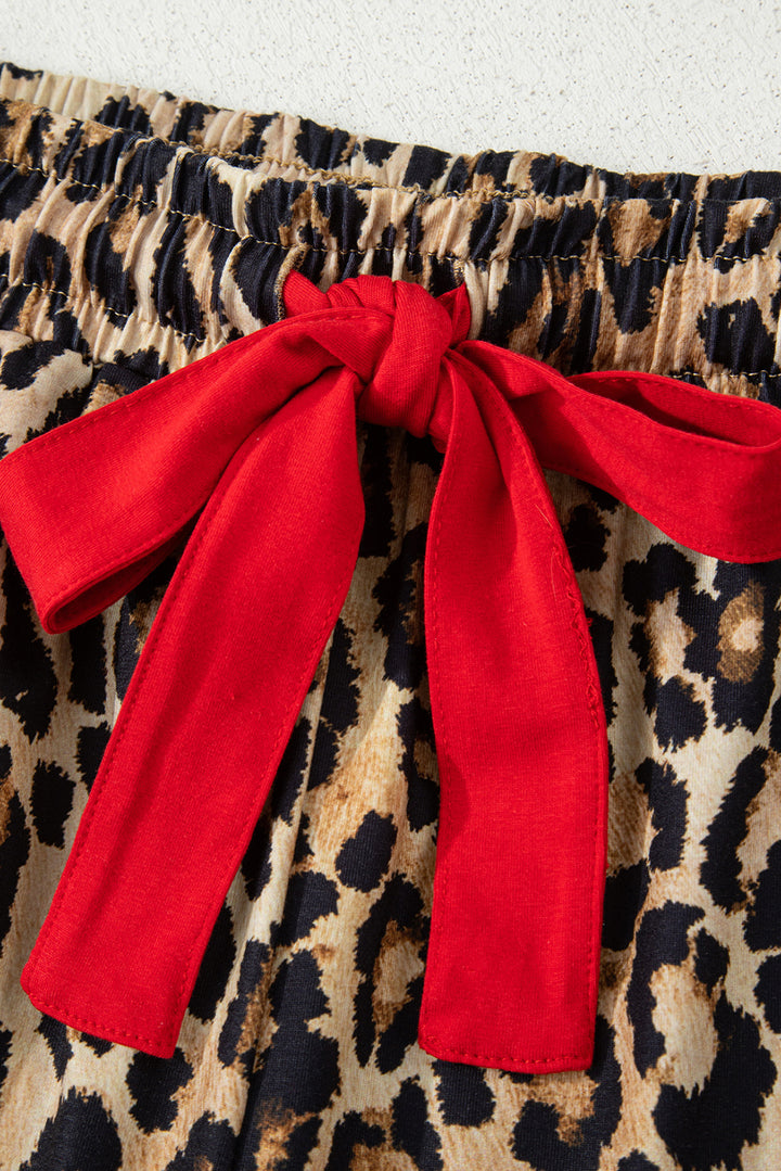 Racing Red Retro Plaid Leopard Print Patchwork Long Sleeve Shorts Pajama Set